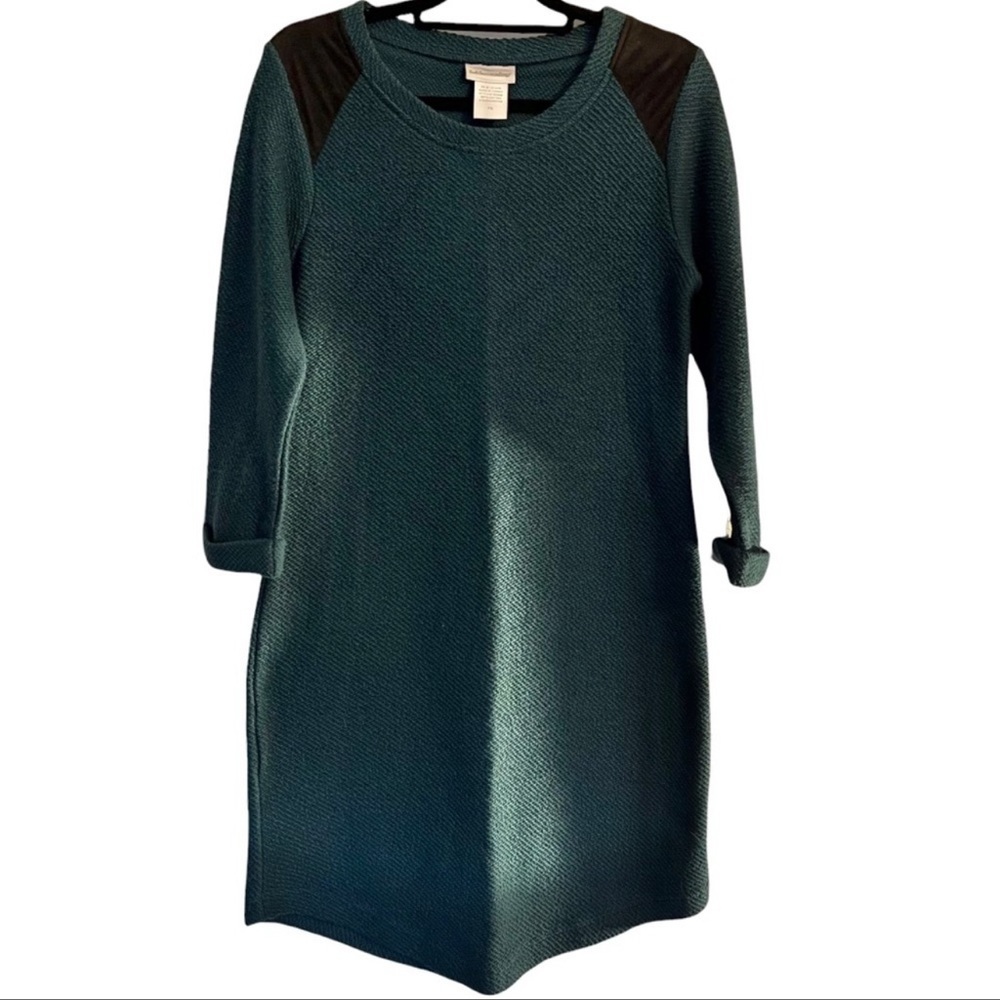 Soft Surroundings Sz Small Green Knit Sweater Dress w/Black Faux Suede Shoulders